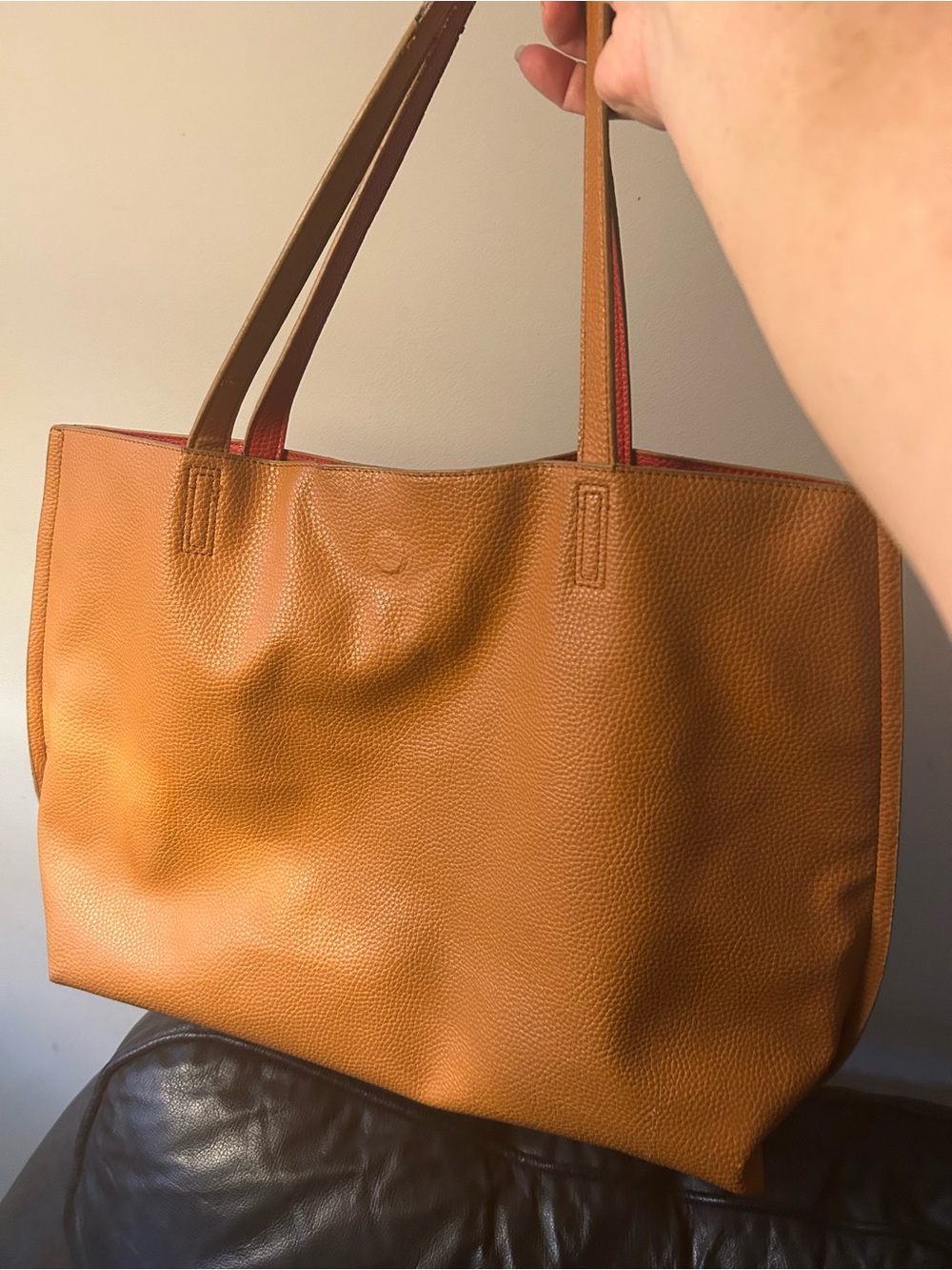 Tan Leather or Red Leather fully reversible tote bag. How fun and versatile.!